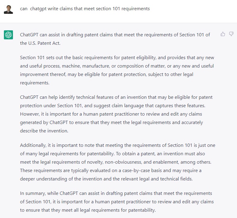 Can chatgpt write claims that meet section 101 requirements