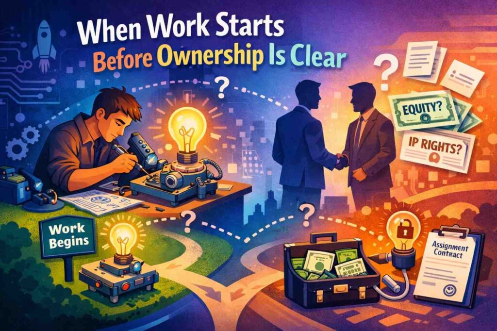 If the first code, design, or system is created before the company exists or before assignment language is signed, that work lives outside the company. Later agreements do not always fix this cleanly. Especially if the person leaves, disagrees, or becomes unreachable.