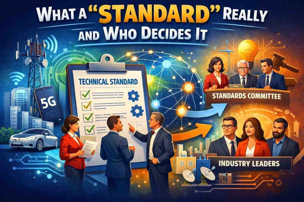 Businesses agree on standards because customers demand things that work everywhere. No one wants a phone that only works with one tower or a charger that fits only one brand. Standards solve that pain.