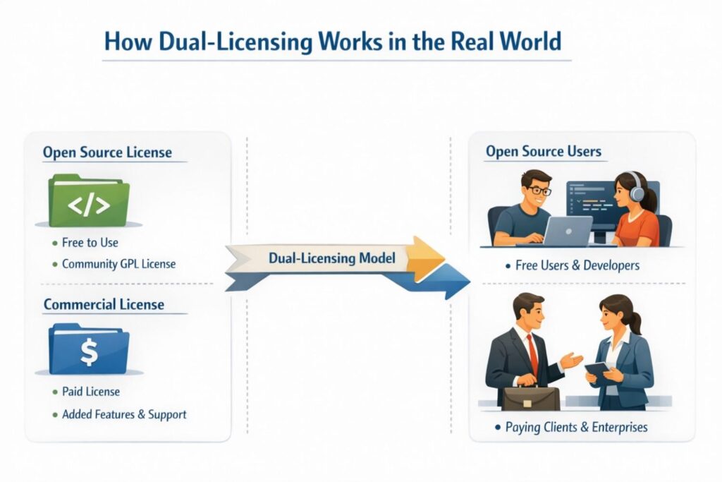 This is where many startups get stuck. They try to make one license fit everyone. That usually fails. Dual-licensing works because it accepts that different users create different kinds of value.