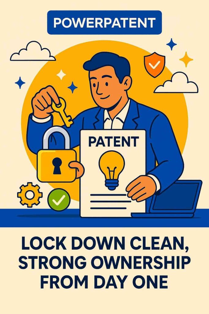 When you capture an invention, draft claims, upload code snippets, or describe new features, the system automatically checks whether every contributor has assigned their rights.