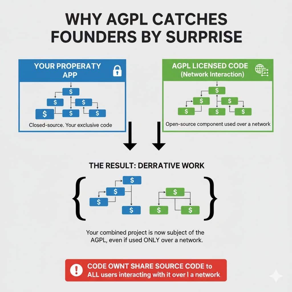 When developers see it less often, they pay less attention. A single AGPL dependency can quietly enter a system through a transitive dependency.