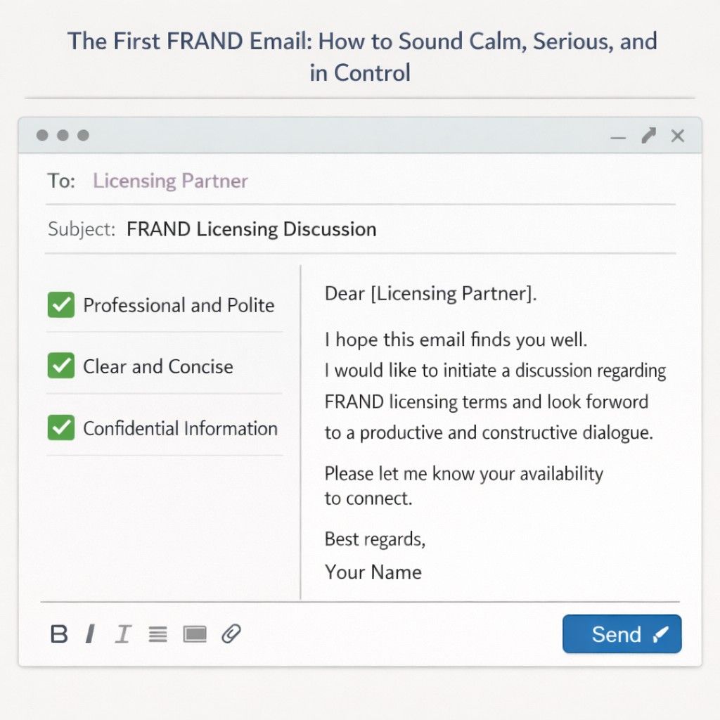 Your job in this email is not to argue. It is to frame the process. You are acknowledging the request or opening the discussion. You are confirming willingness to engage under FRAND principles.