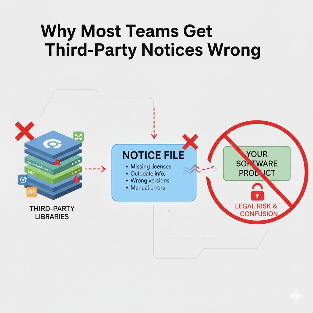 Engineers assume legal will handle it later. Legal assumes engineering is tracking dependencies. Product assumes it is not their problem. By the time someone checks, the product has shipped, and history is blurry.
