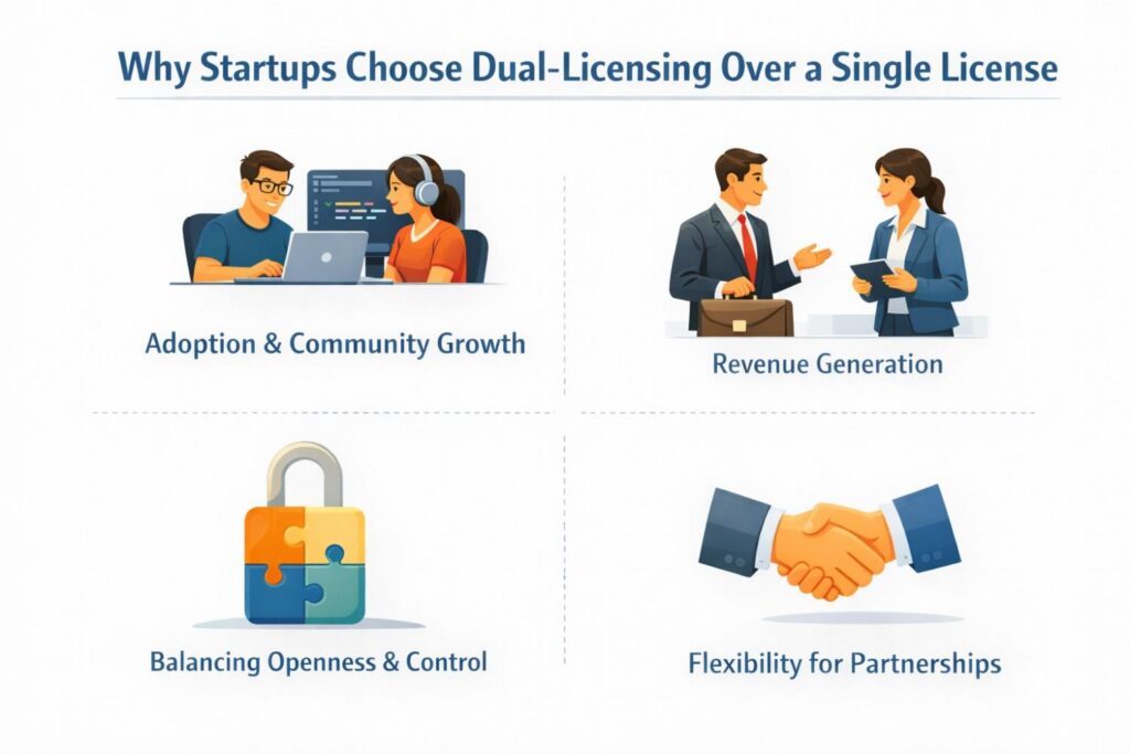Founders who rely on a single license often realize too late that they gave away rights they needed later. Fixing that after adoption is painful and sometimes impossible.