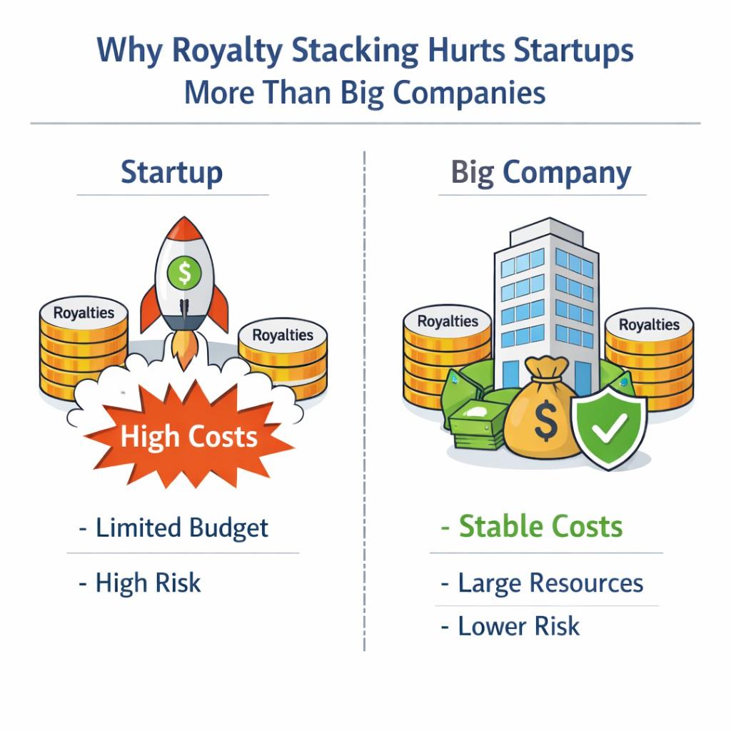 The takeaway is simple. Startups suffer more from royalty stacking because they wait longer and have fewer defenses. Acting early flips that equation.