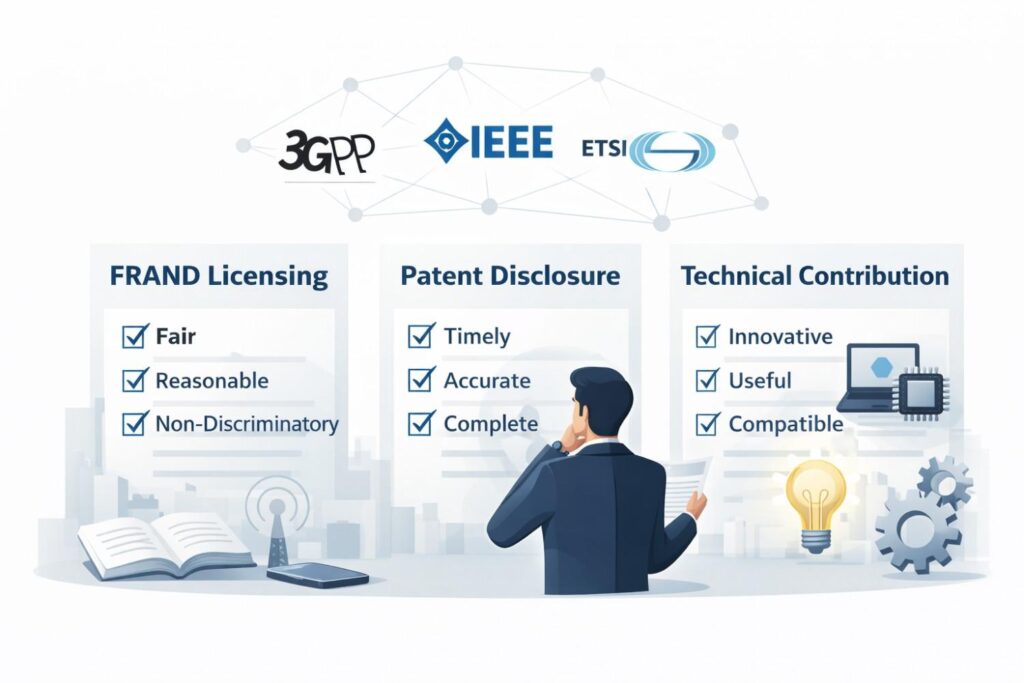 ETSI requires disclosure of essential patents and expects licensing on fair terms. At the same time, it recognizes that patents are property and must retain value.