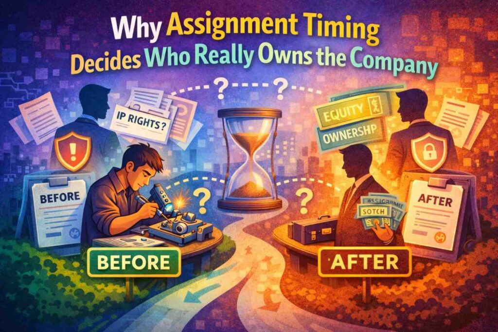 If assignment is signed after creation, it must clearly cover past work. Even then, it can raise questions. Was everything included? Was the inventor aware? Was the company already formed?
