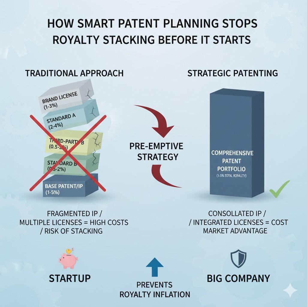 That ownership reduces how often others can demand royalties later because your product is no longer just assembling other people’s ideas.