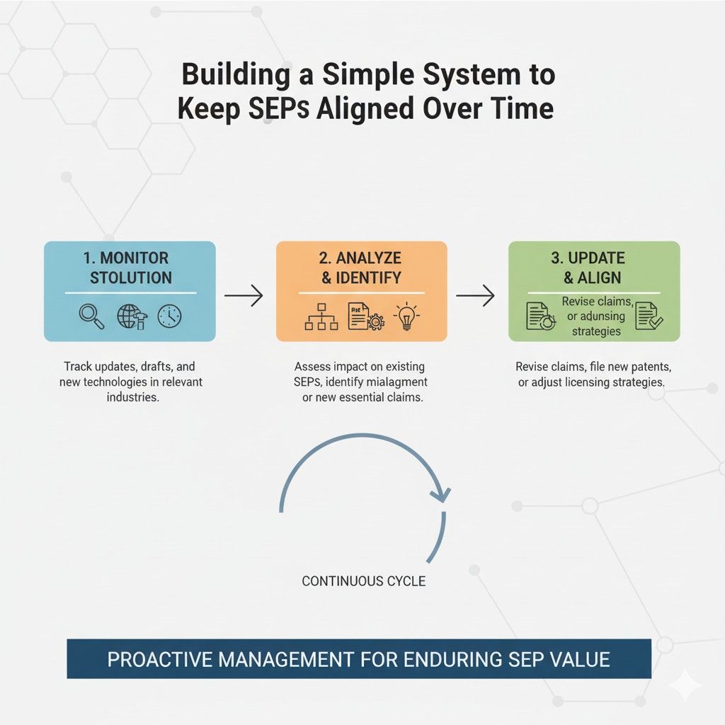 The most effective approach is assigning one person or small role the job of watching standards changes and asking one question: does this affect our patents?