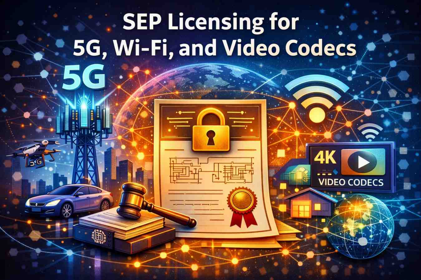A clear overview of SEP licensing in 5G, Wi-Fi, and codecs—key players, royalty trends, and challenges implementers face.