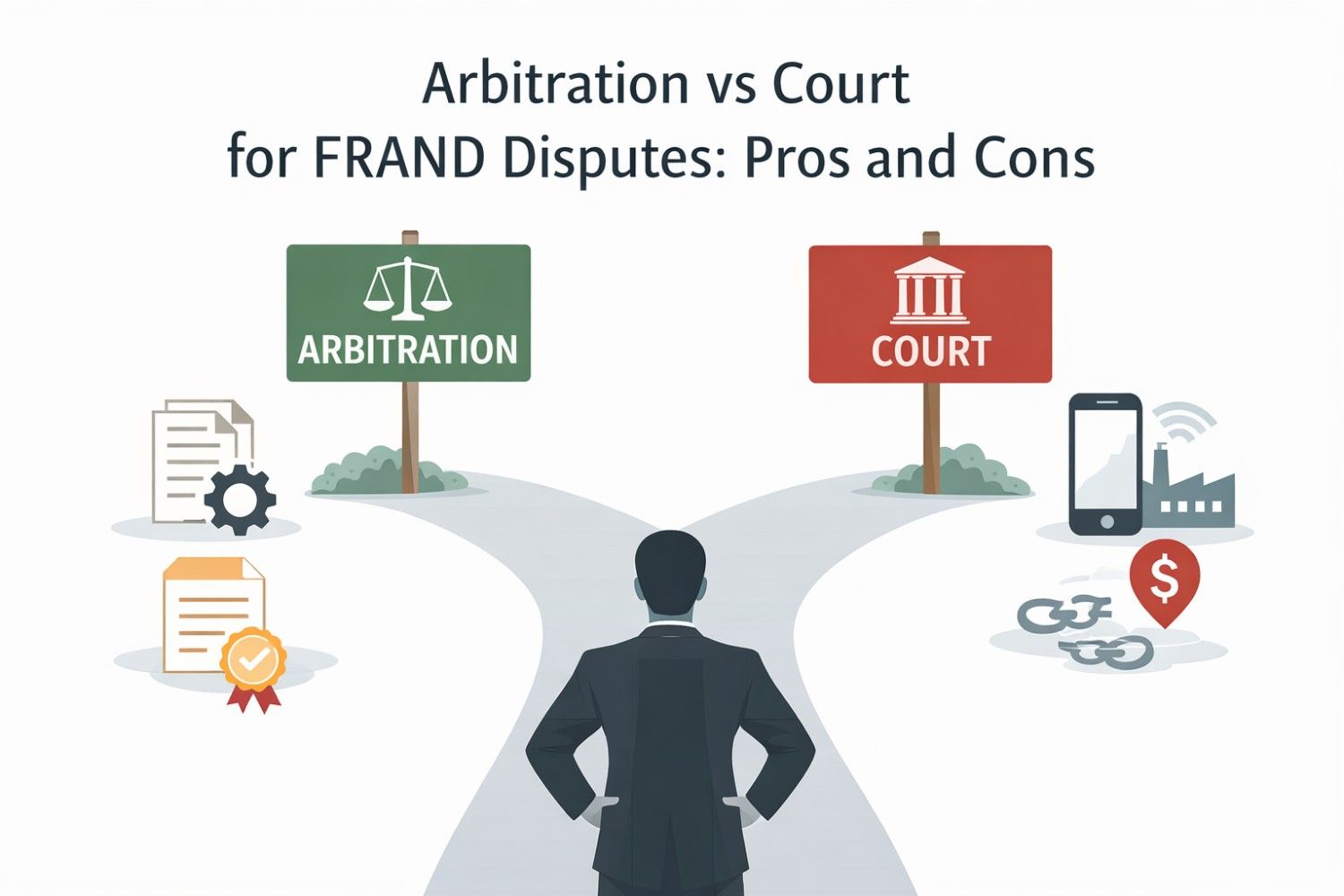Compare arbitration and litigation for FRAND cases to choose the best path for speed, cost, and enforceability.