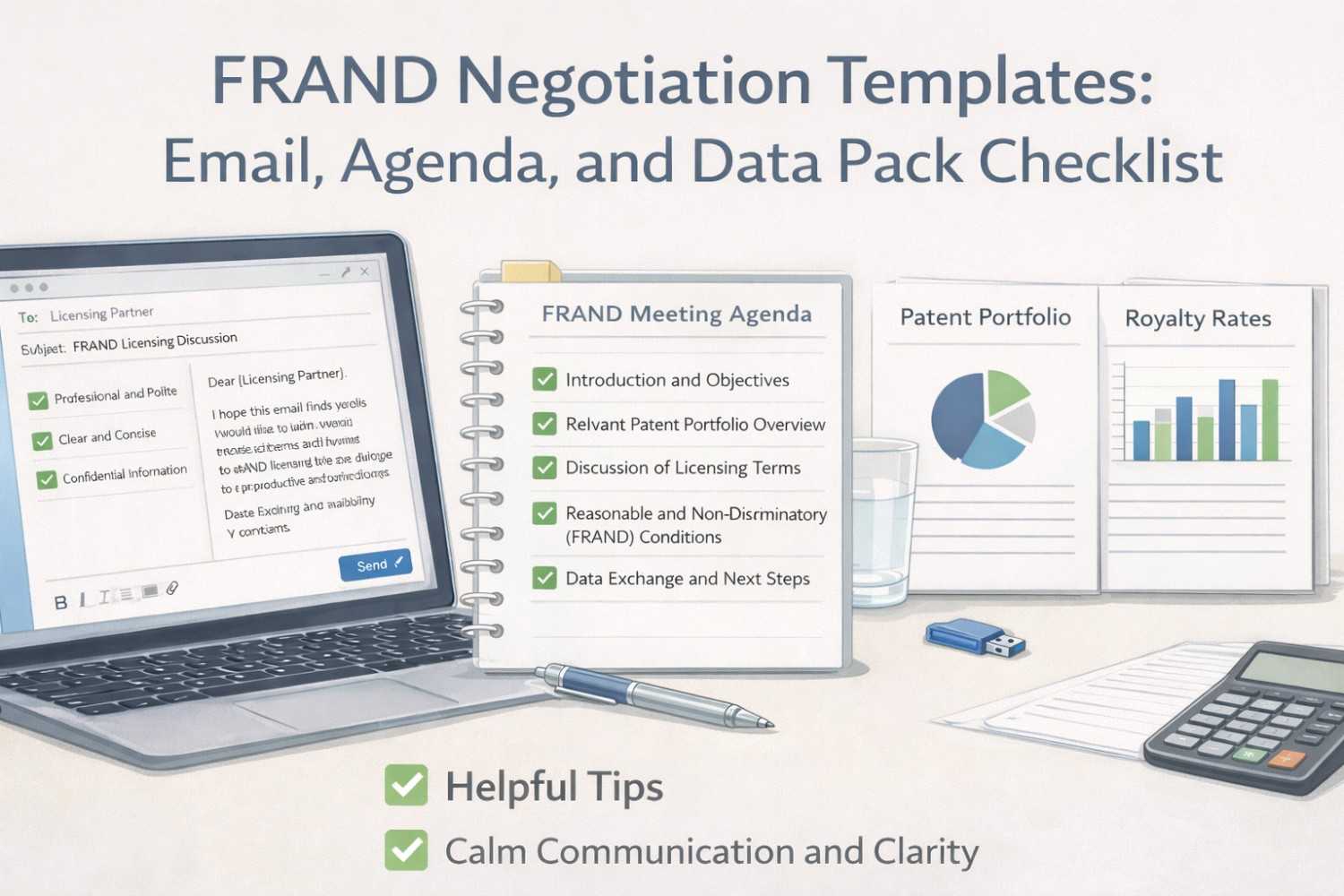 Get simple templates to speed up FRAND talks with clear emails, agendas, and data packs that show willingness.