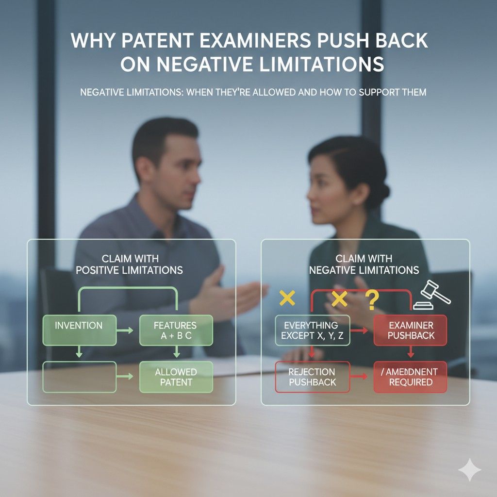 When you draft or revise claims, you should always be able to point back to the original story of the invention and show that the absence was part of the design, not a response to pressure.