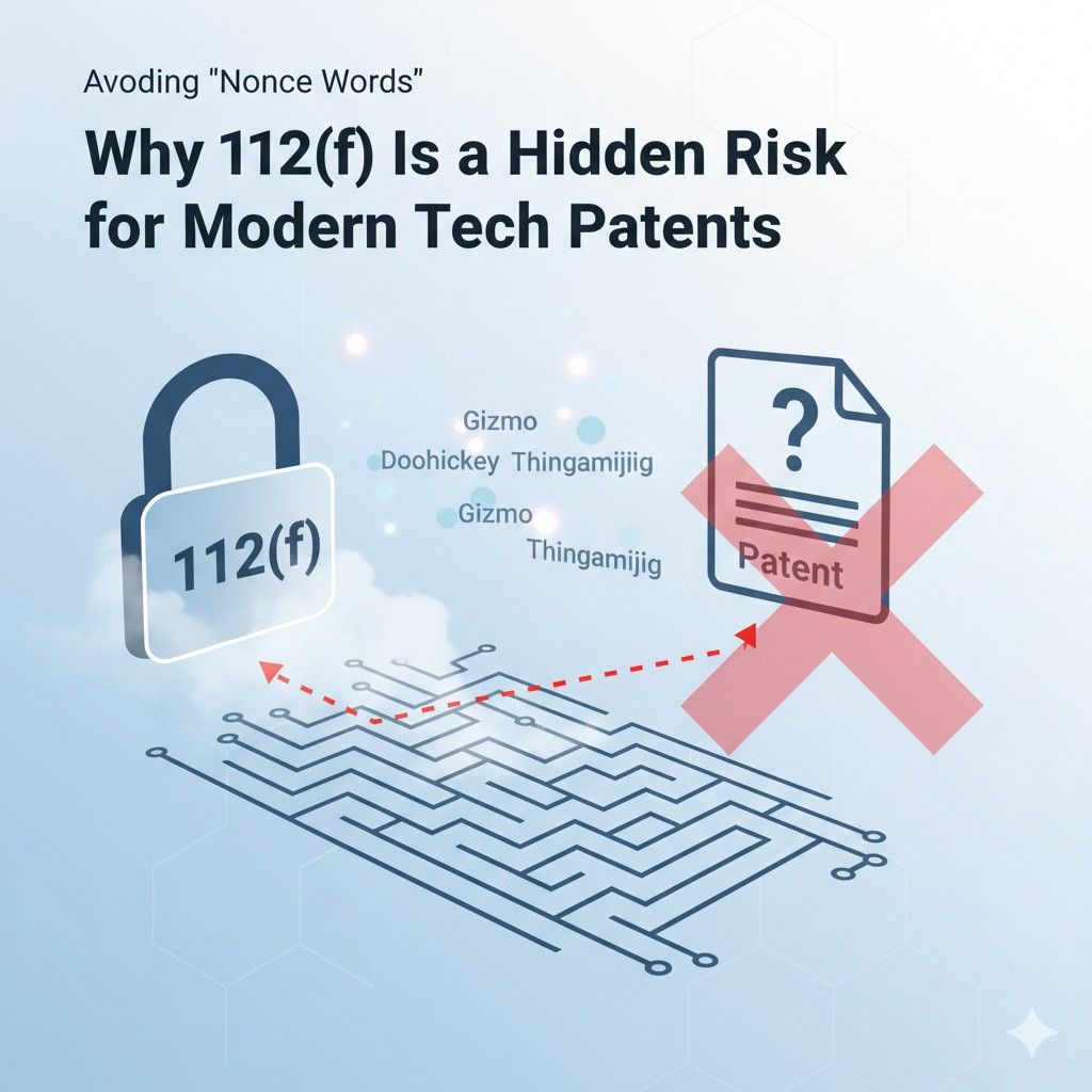 Section 112(f) is a legal rule that says if you describe part of your invention in a certain vague way, the law will assume you only own the exact version you described, and nothing more.