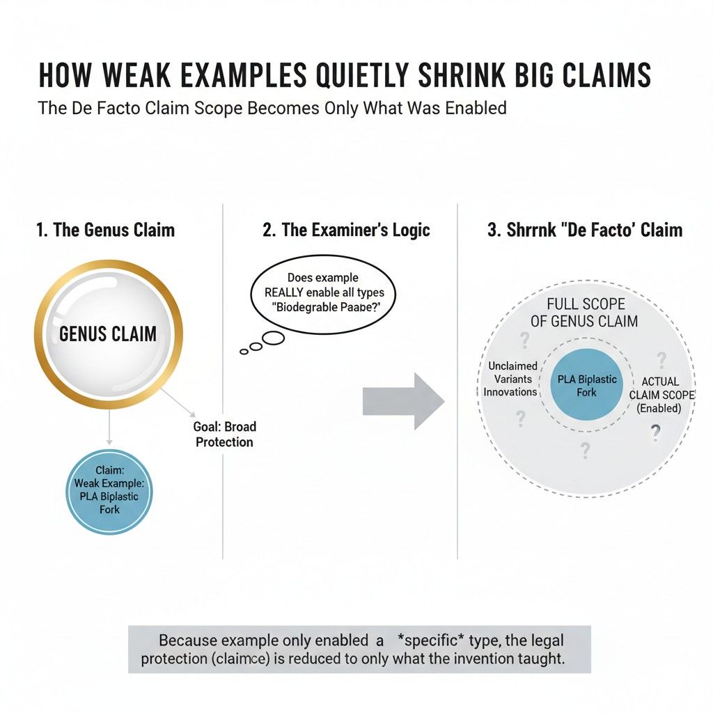 If your examples all point in one direction, competitors will go another. If your claim coverage has already shrunk toward those examples, their workaround may be completely legal.