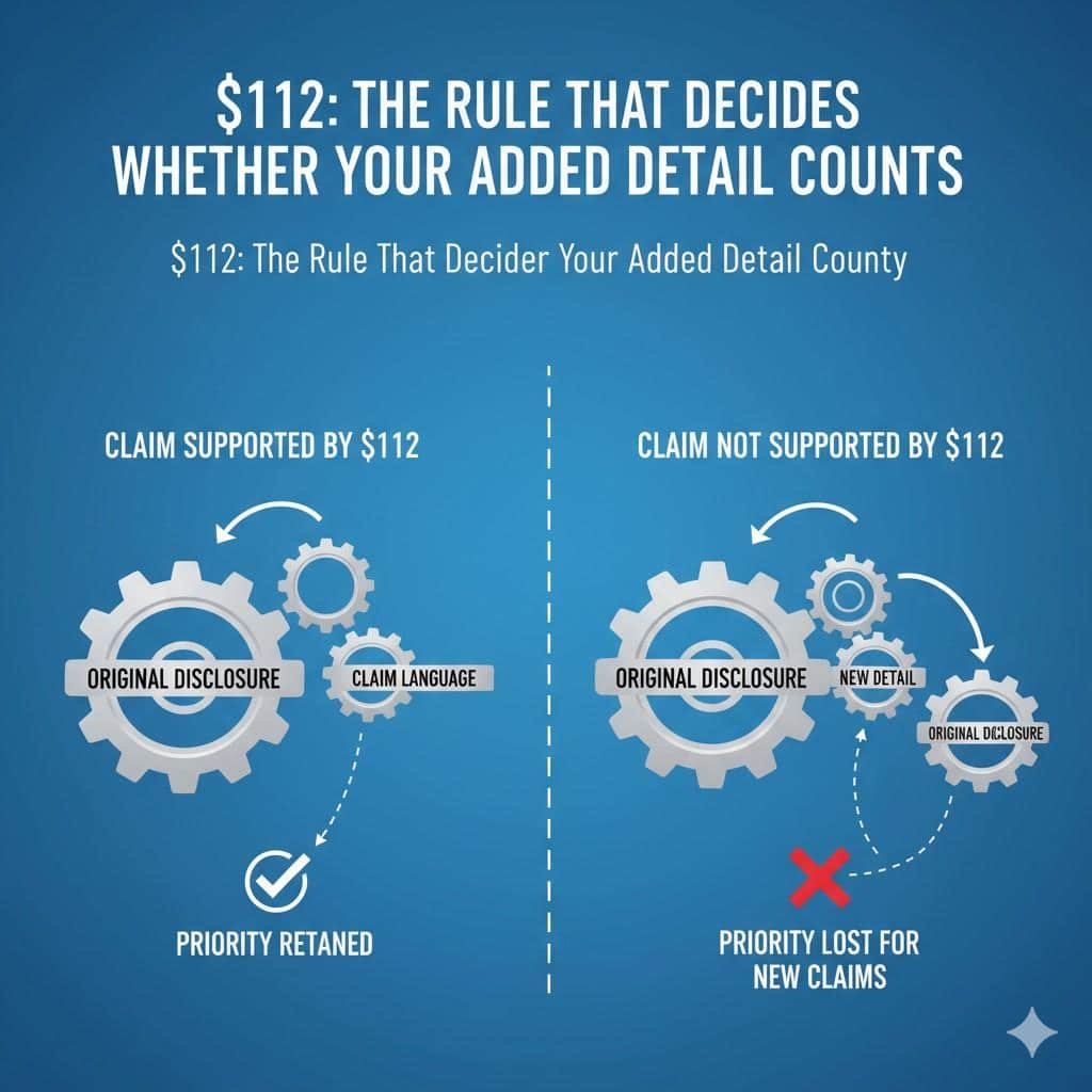 §112 enforces that promise. If your story is consistent over time, the system rewards you. If it drifts too far from what you actually taught, protection shrinks.