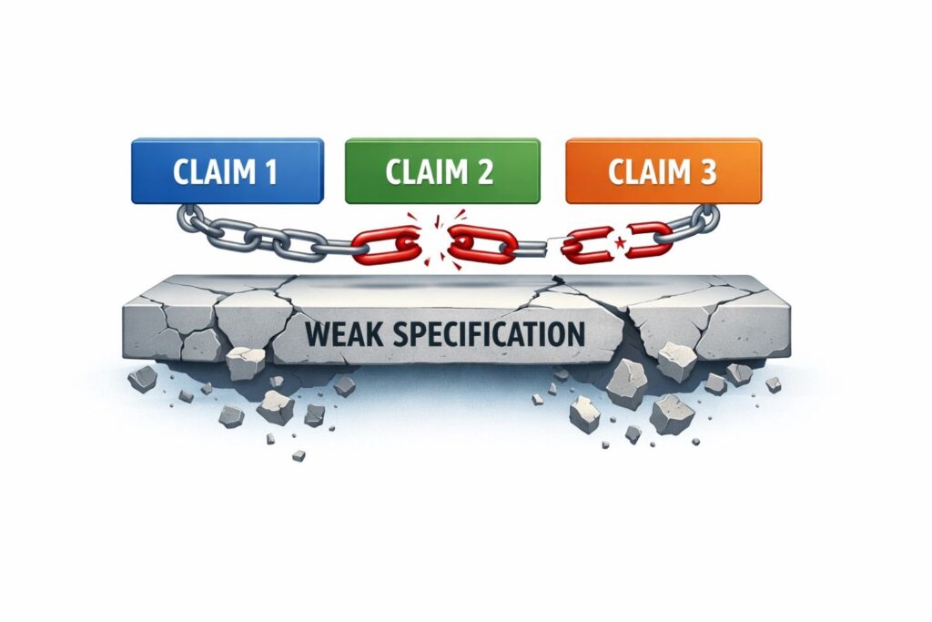 A weak spec forces claims to be interpreted in the smallest possible way. That is the opposite of what startups want. Strong patents protect space. Weak ones protect a single point.