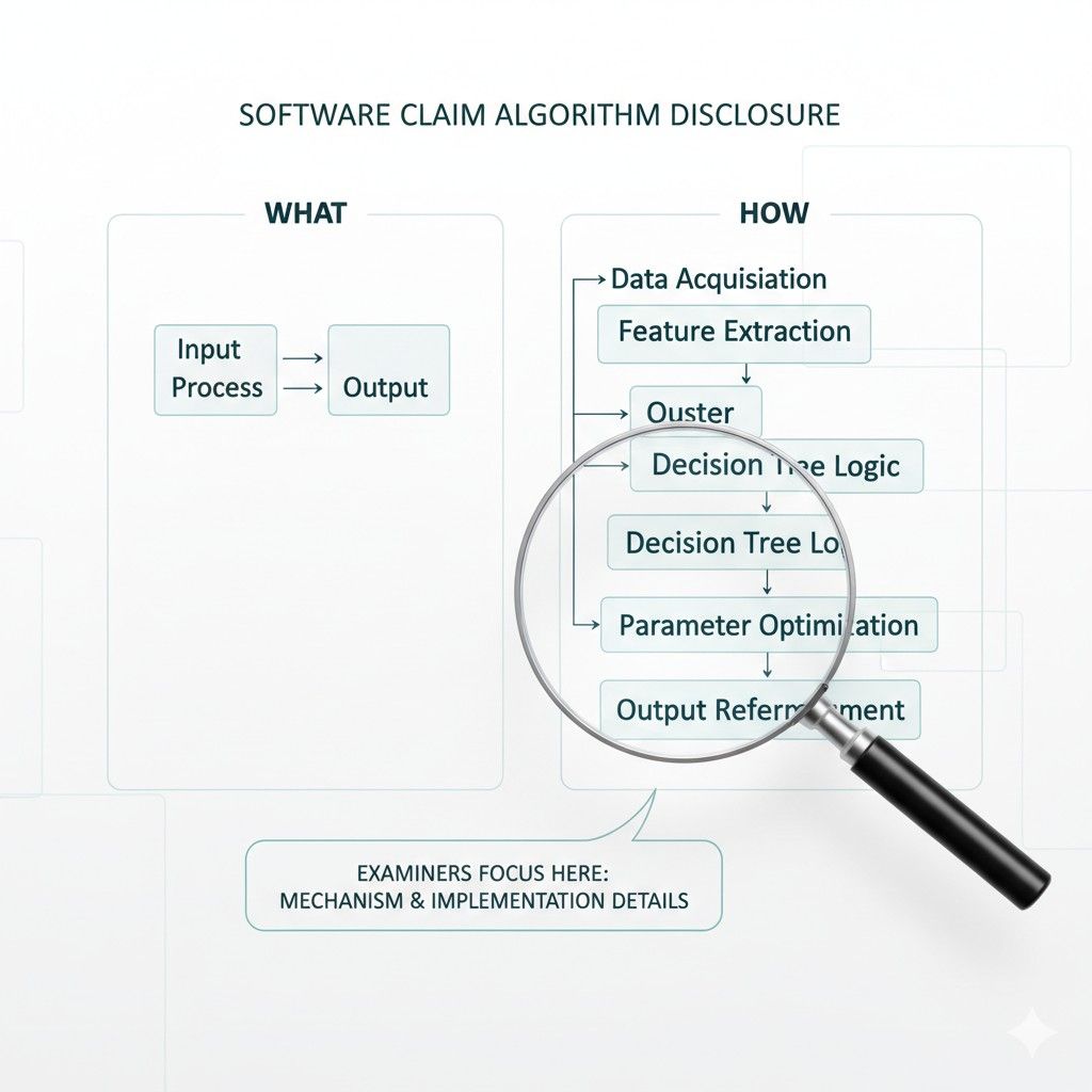 When claims stretch beyond what the algorithm clearly supports, examiners push back. They look for alignment between the scope of the claim and the depth of explanation.