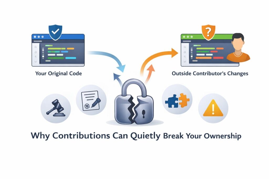 Many founders assume that accepting a pull request means they now own the code. That assumption is wrong. Without a clear agreement, you only have permission to use it under the license rules.