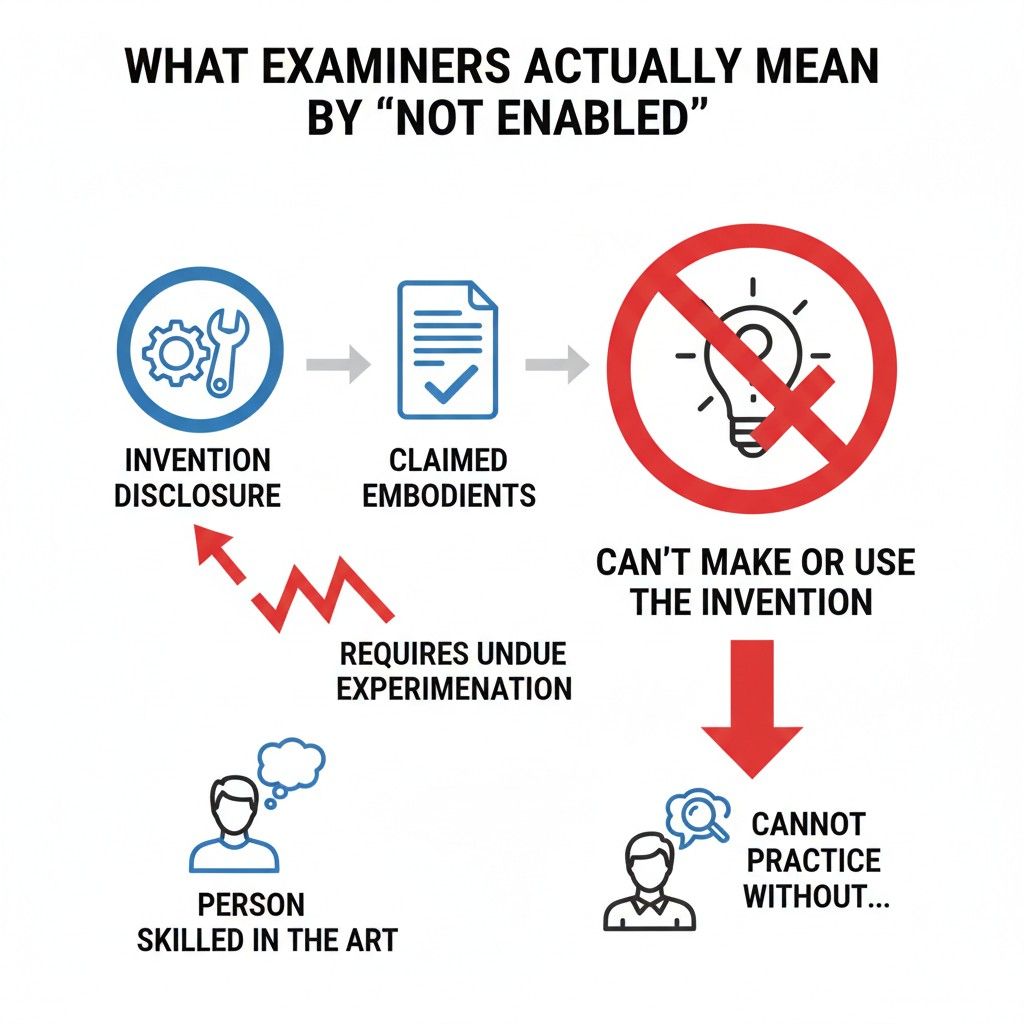 Examiners read patents asking a simple internal question: could someone else actually do this? If the answer feels uncertain at any point, enablement becomes an issue. This is why patents that sound impressive but skip steps often fail this test.