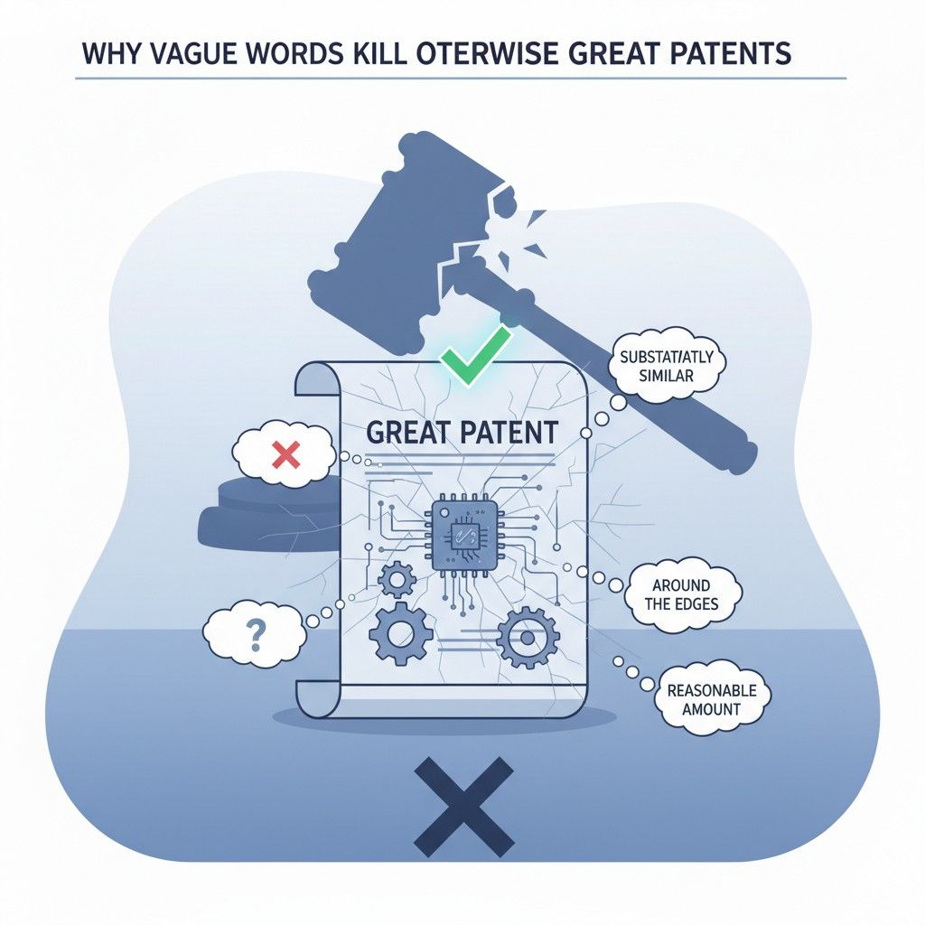 When a claim uses terms that can stretch in many directions, courts do not see flexibility. They see uncertainty. And uncertainty is fatal under modern definiteness rules.