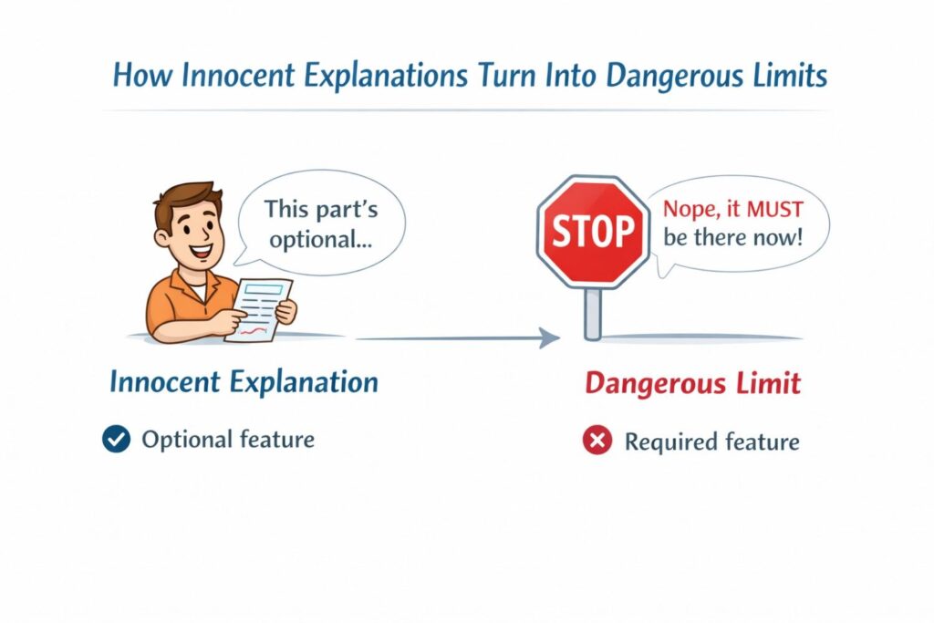Every extra explanation becomes part of the official record. If you explain why you chose one approach, you may accidentally imply that other approaches are outside your invention.