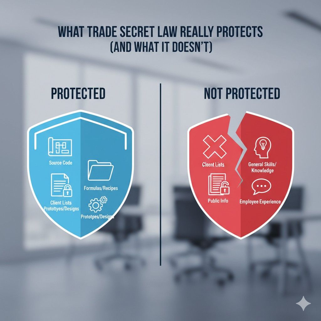 Trade secret law protects information that is kept secret and has business value because it is secret. This distinction matters more than most founders realize. If something lives only in someone’s mind, it is much harder to protect.