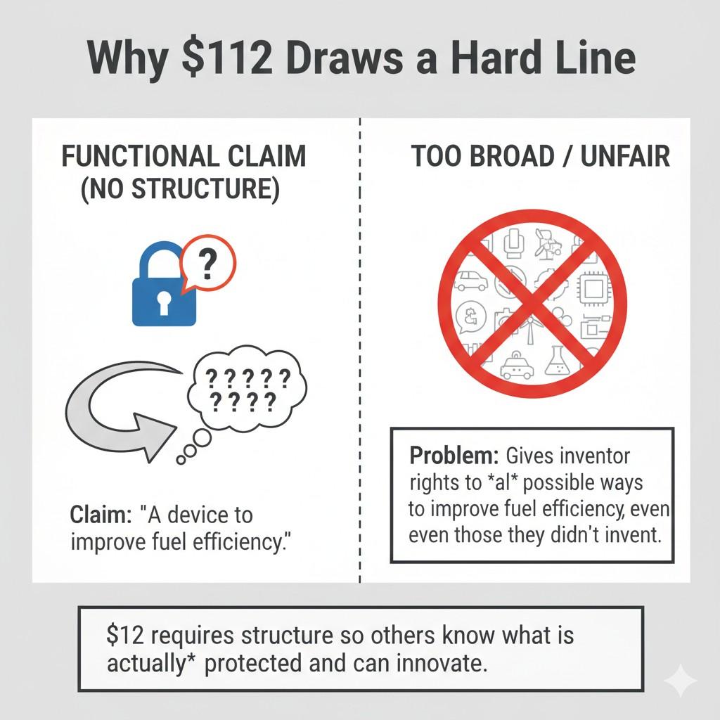 So §112 acts as a gatekeeper. It allows functional language, but only when the inventor proves they truly possess the invention. This proof must be inside the patent itself.