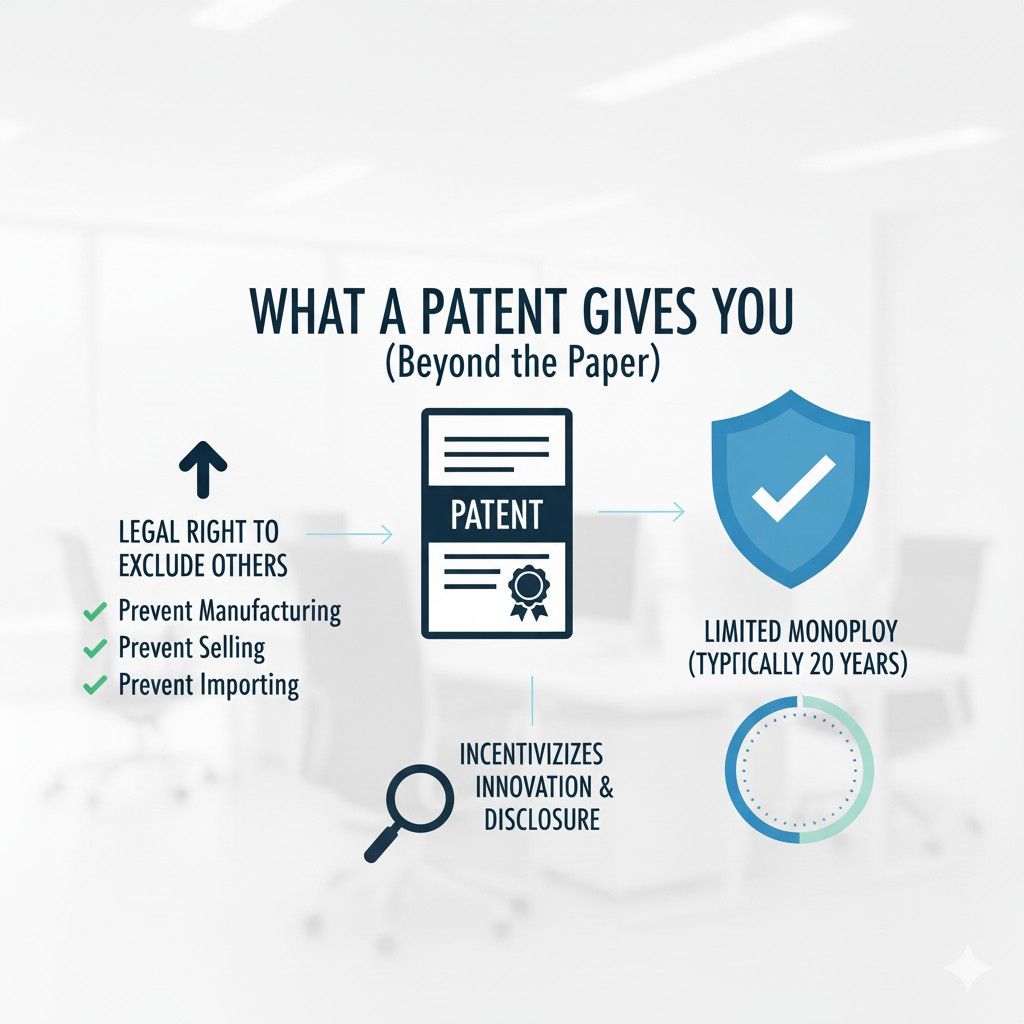 This is the key difference from trade secrets. With a patent, you can explain your product openly and still keep protection. You can sell, partner, raise money, and grow without constantly hiding details.