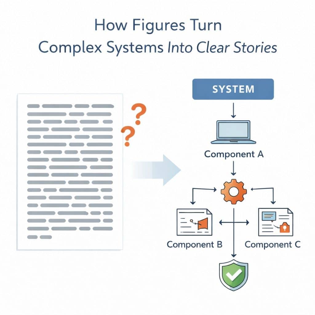 A figure lets you simplify without losing meaning. You can show relationships with lines instead of sentences. You can show grouping without repeated descriptions. This keeps the written description focused and readable.
