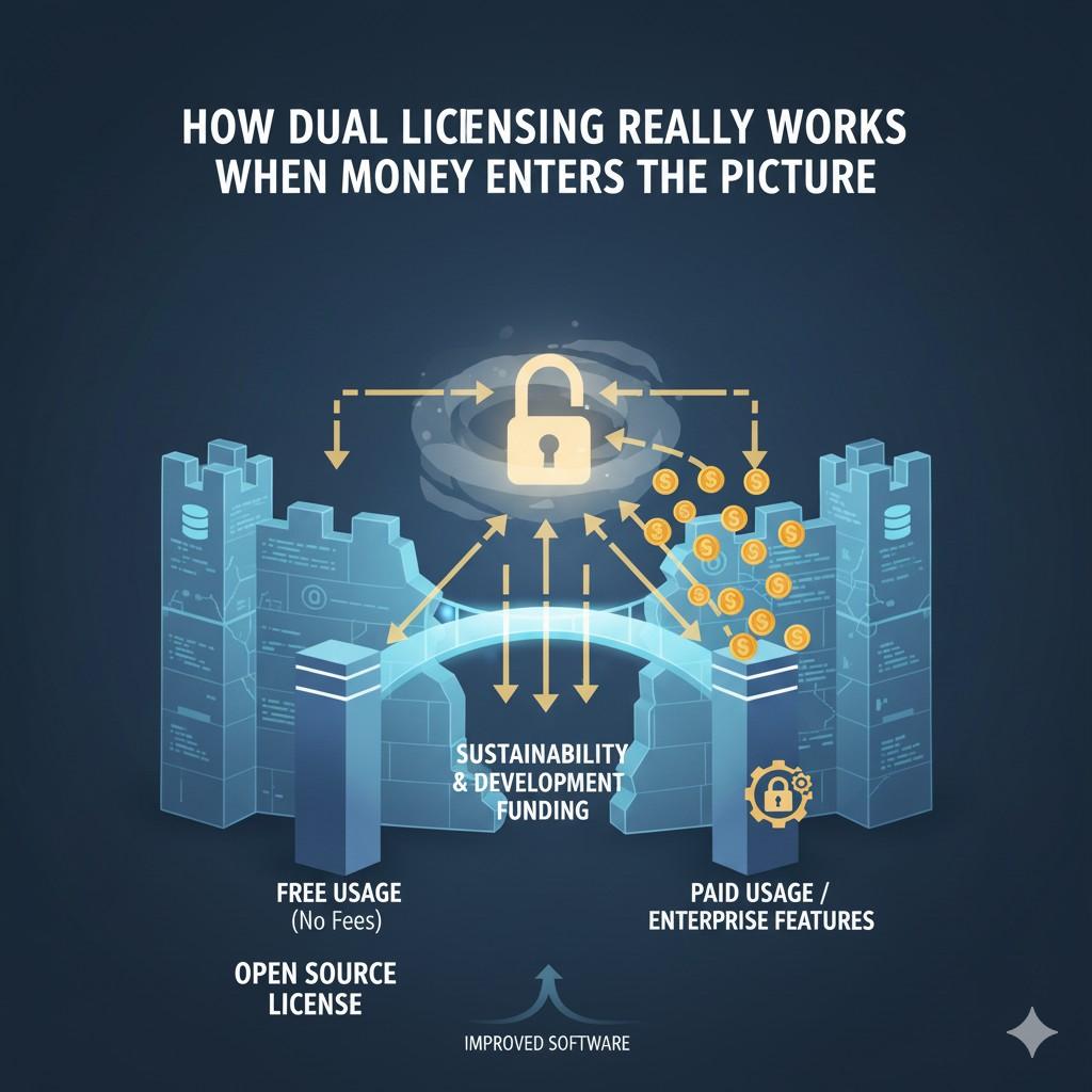 Dual licensing is designed to draw a clear line at that moment. Free use stays free when the risk is low. Paid use appears when the stakes rise. This boundary must feel natural, not forced.