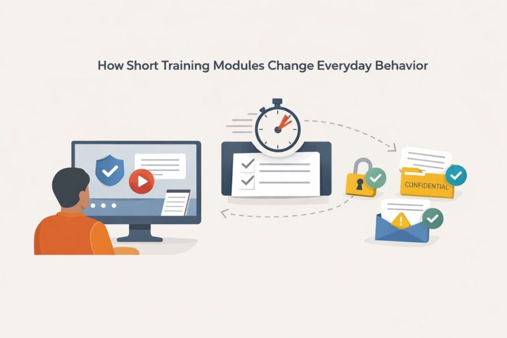 The best training does not live in a separate place. It lives next to the work. Short modules can be delivered at the right moment, not just at the start of employment. This timing is critical.
