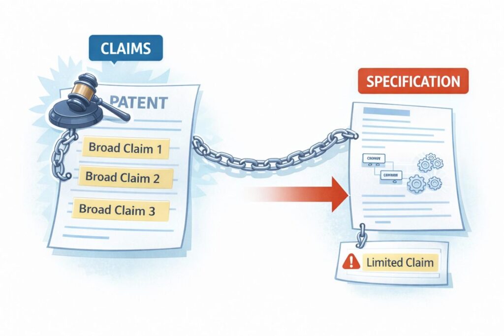 From that moment on, your claim is no longer defined by what it says. It is defined by what the spec shows. Anything not clearly supported there is excluded, even if it feels like a natural extension of the invention.