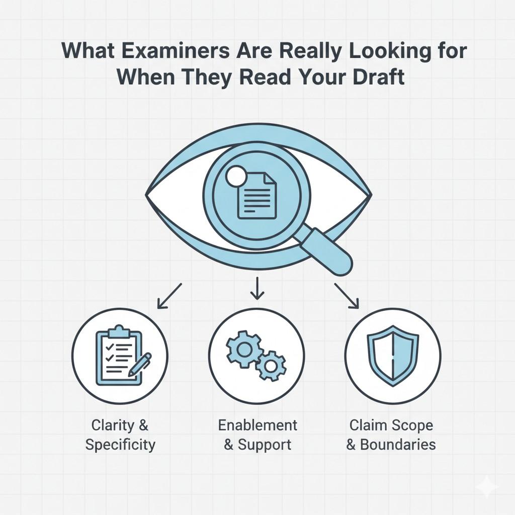 Examiners assume that if something important is missing, it may not work as claimed. Silence creates doubt, and doubt triggers Section 112.