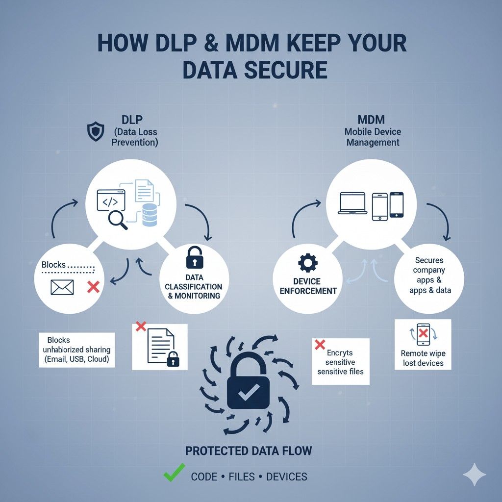For example, DLP might notice sensitive code being copied to a local machine. MDM ensures that machine is encrypted and protected. If the device later goes missing, the risk stays contained.