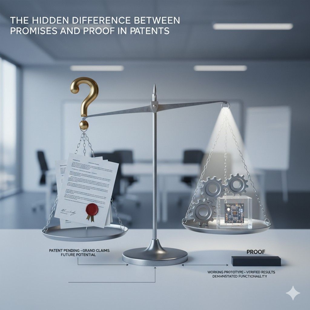 During due diligence, investors and acquirers read patents to assess execution risk. Proof signals that the company can build what it claims. Promises raise questions about maturity.