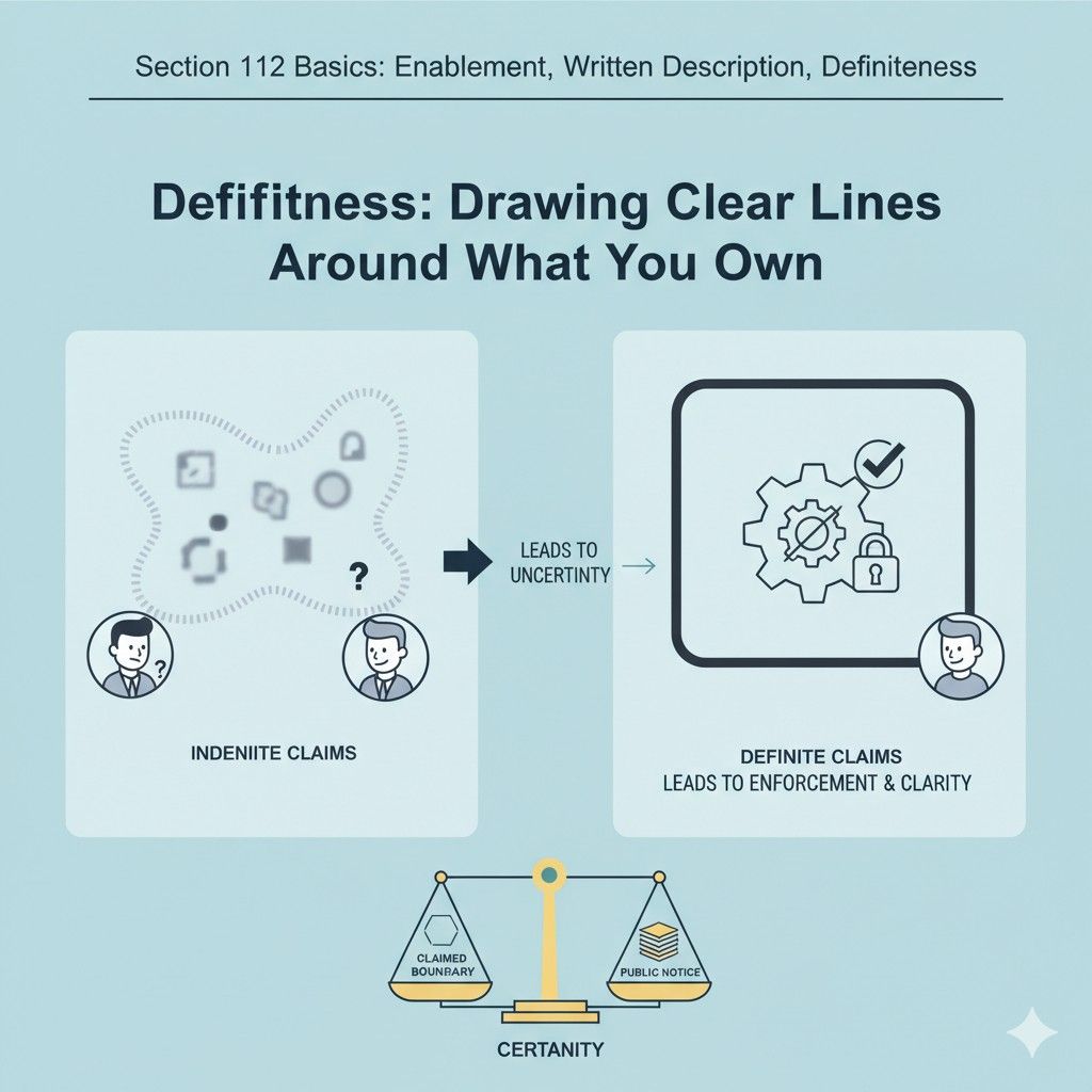 This does not mean every edge case must be solved. It means a skilled reader should not be left guessing. If reasonable people cannot agree on what your claim covers, the claim is indefinite.