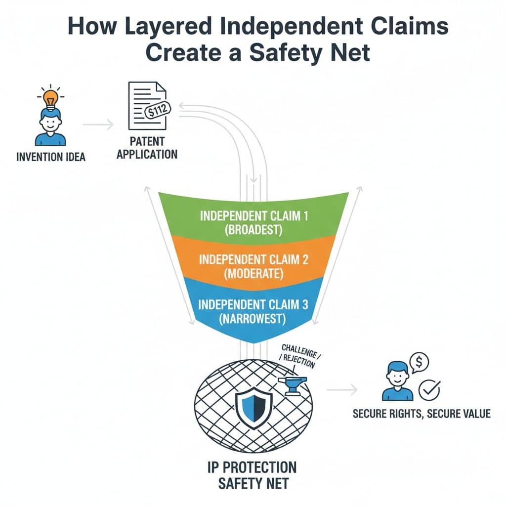 That approach adds little value. True layering means each independent claim approaches the invention from a different angle while still pointing to the same core value.