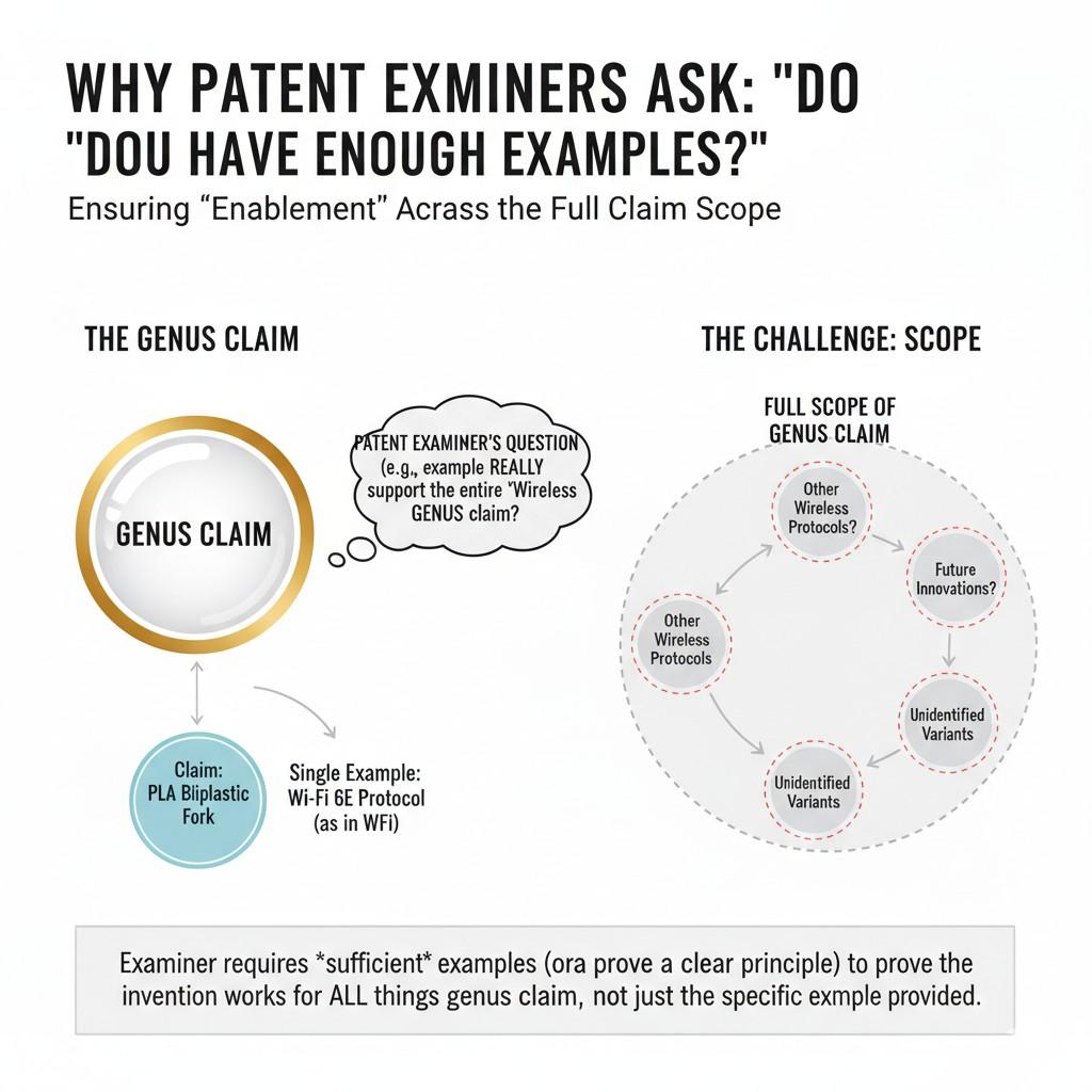The claim says “this is a broad idea.” The examples say “this is the only way I know how to do it.” Examiners trust the examples more than the words in the claim.