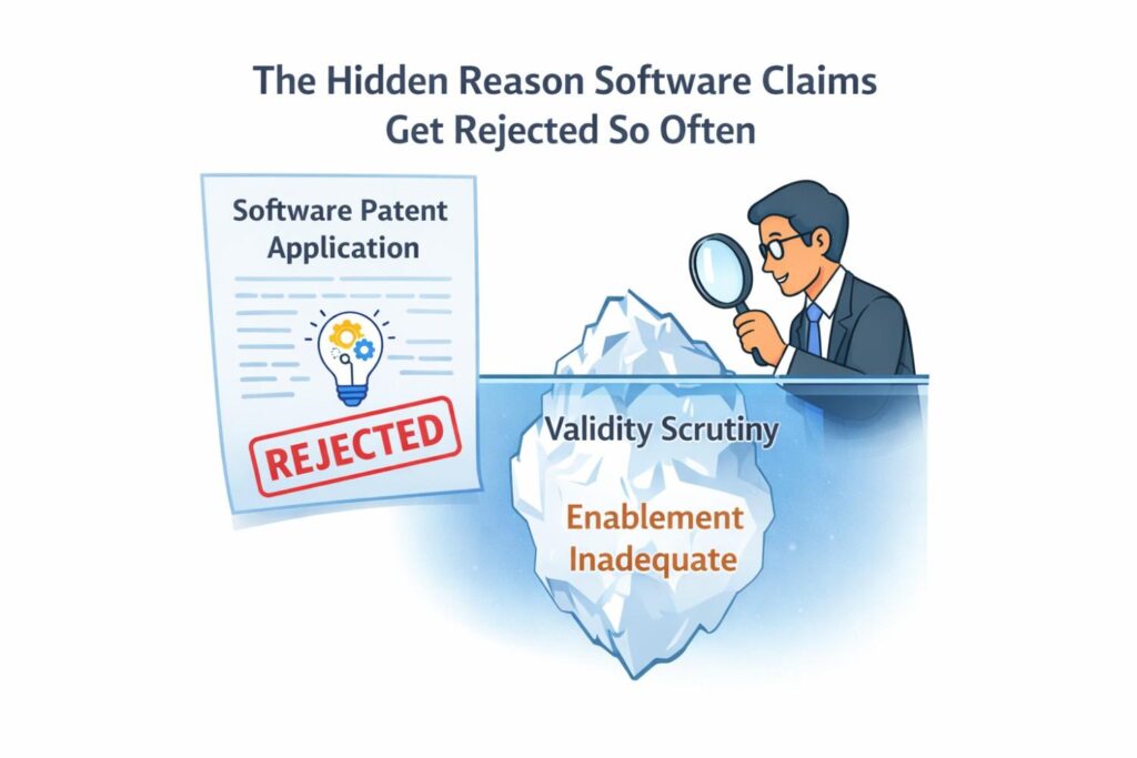 From an examiner’s point of view, this looks like overreach. The claims appear to cover more ground than the inventor has actually taught. Even if the invention is real, the paper trail does not prove it.