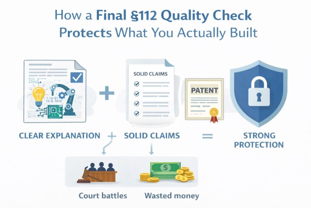 A final §112 check forces this hidden knowledge into the open. It asks whether the patent actually captures the reasoning that makes the invention work, not just the surface behavior.