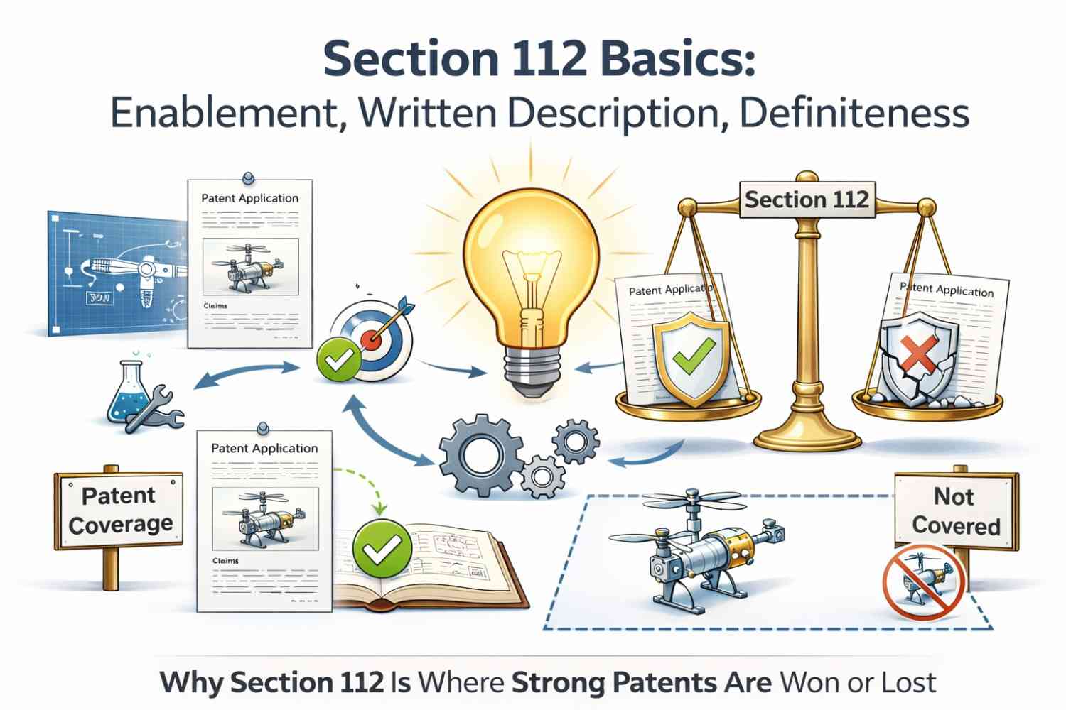 Learn the three core §112 rules—enablement, written description, and definiteness—explained simply so your patent holds up and avoids common rejections.