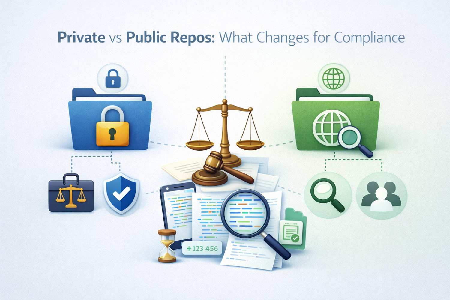 Private vs public repos explained. Learn how compliance duties change based on repo visibility.