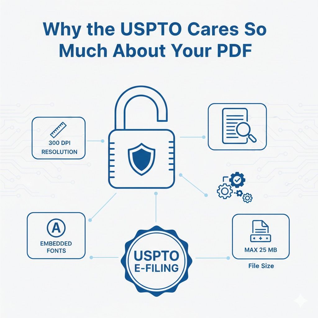 That creates risk. The USPTO avoids that risk by forcing strict rules on how PDFs are made.