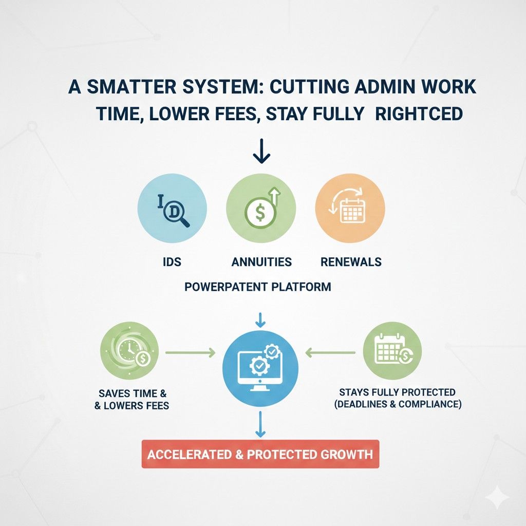You log in and see your full portfolio. Filing status. Deadlines. Upcoming payments. Linked applications. Everything structured and visible. No guessing. No searching through inboxes.