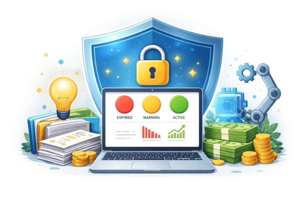 In each review, update the red, yellow, green status. Discuss changes in product direction. Note any patents that may need deeper legal input.