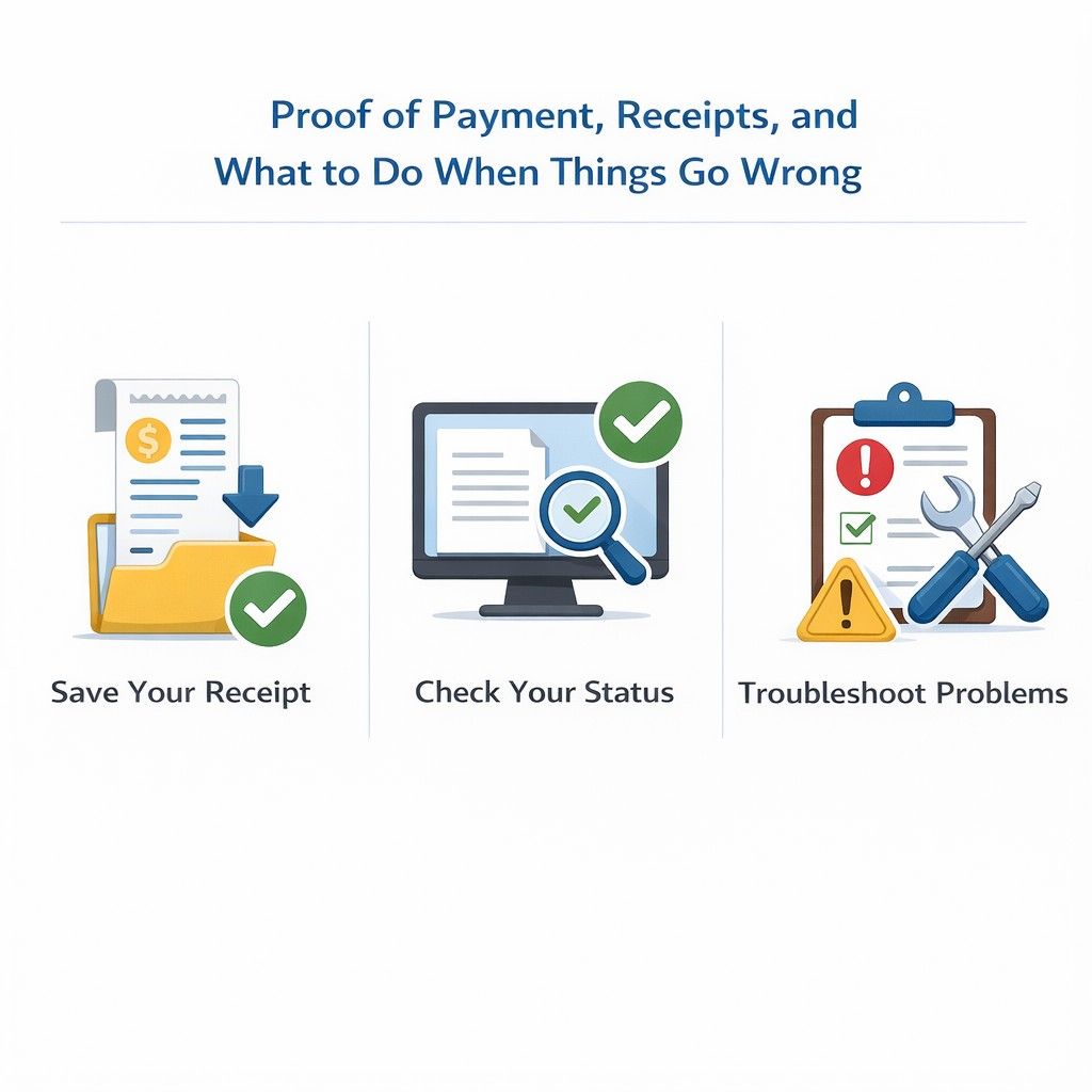 Many founders glance at the confirmation screen and assume everything is fine. In reality, the wording matters. A successful payment confirmation should clearly state that the fee was received and applied to the specific application.