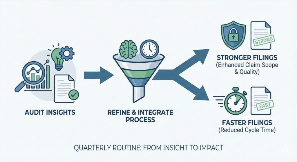 Timing is critical. Once a patent is granted and deadlines pass, flexibility decreases. Quarterly audits help you act while flexibility still exists.