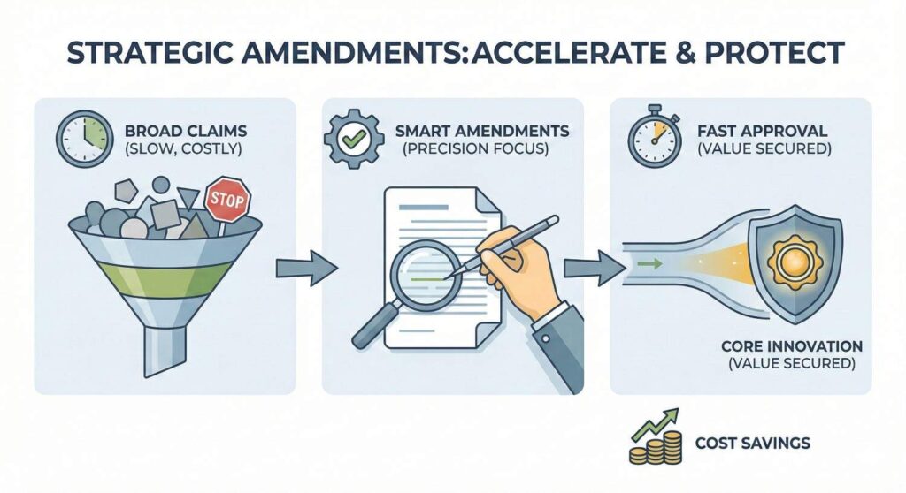 When you narrow with clarity, align changes with your business goals, and think beyond the current rejection, you turn amendments into leverage.